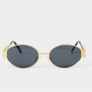 Gold Metal Oval Sunglasses with Black Lenses